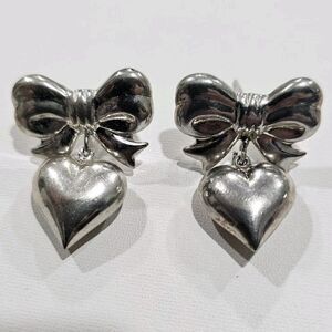 Coquette Bow Dangle Heart Sterling Silver 925 Earrings